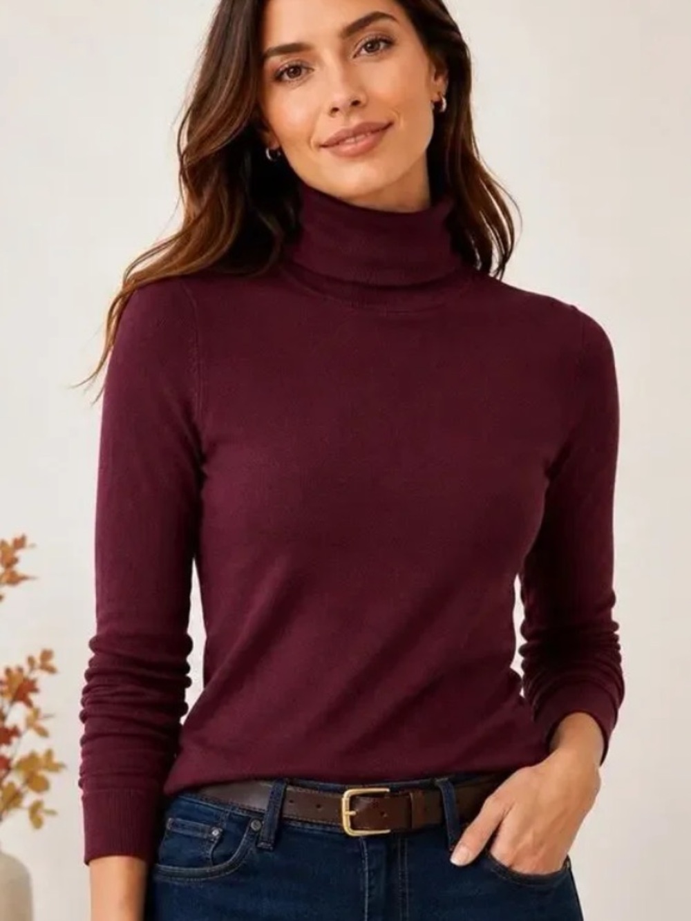Talbots Classic Women's Turtleneck Sweater size L in Burgundy cotton modal knit